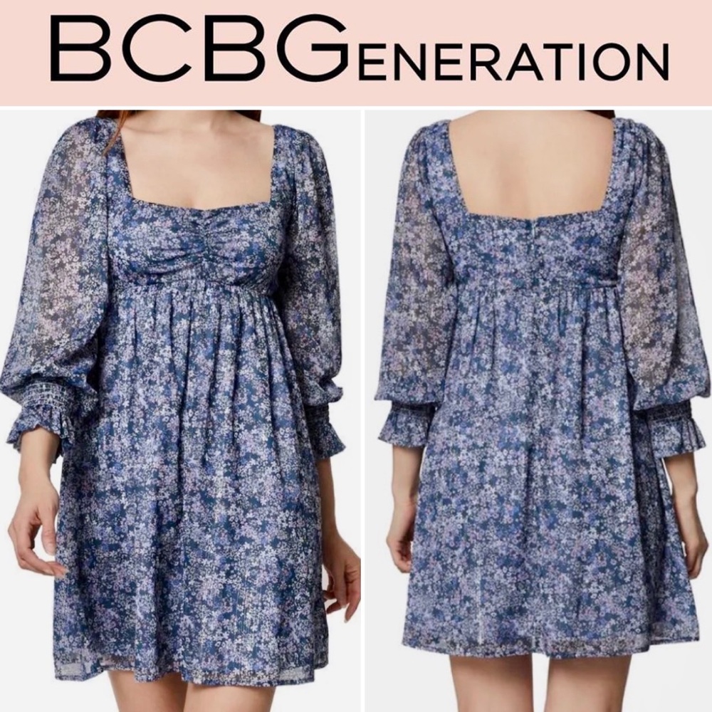 BCBG BABYDOLL FLORAL DRESS,MINI LENGTH, SIZE 6. BALLOON SLEEVES, SQUARE NECKLINE - Picture 3 of 16